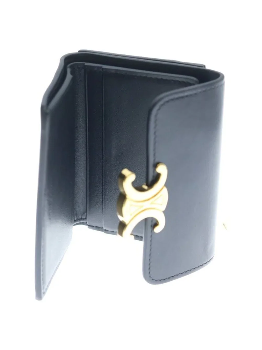 Celine Triomphe Shiny Calfskin Gold Trifold Wallet Compact Black